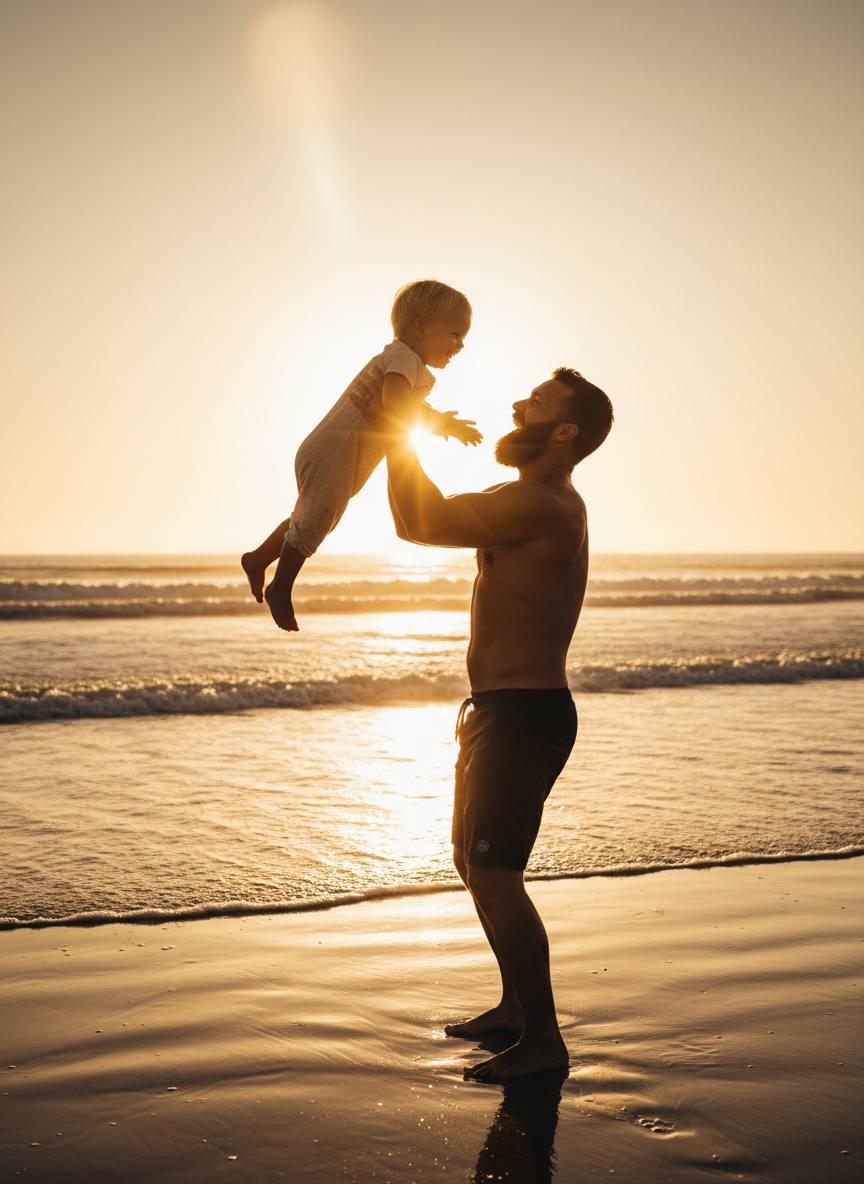Active dad exercising on the beach