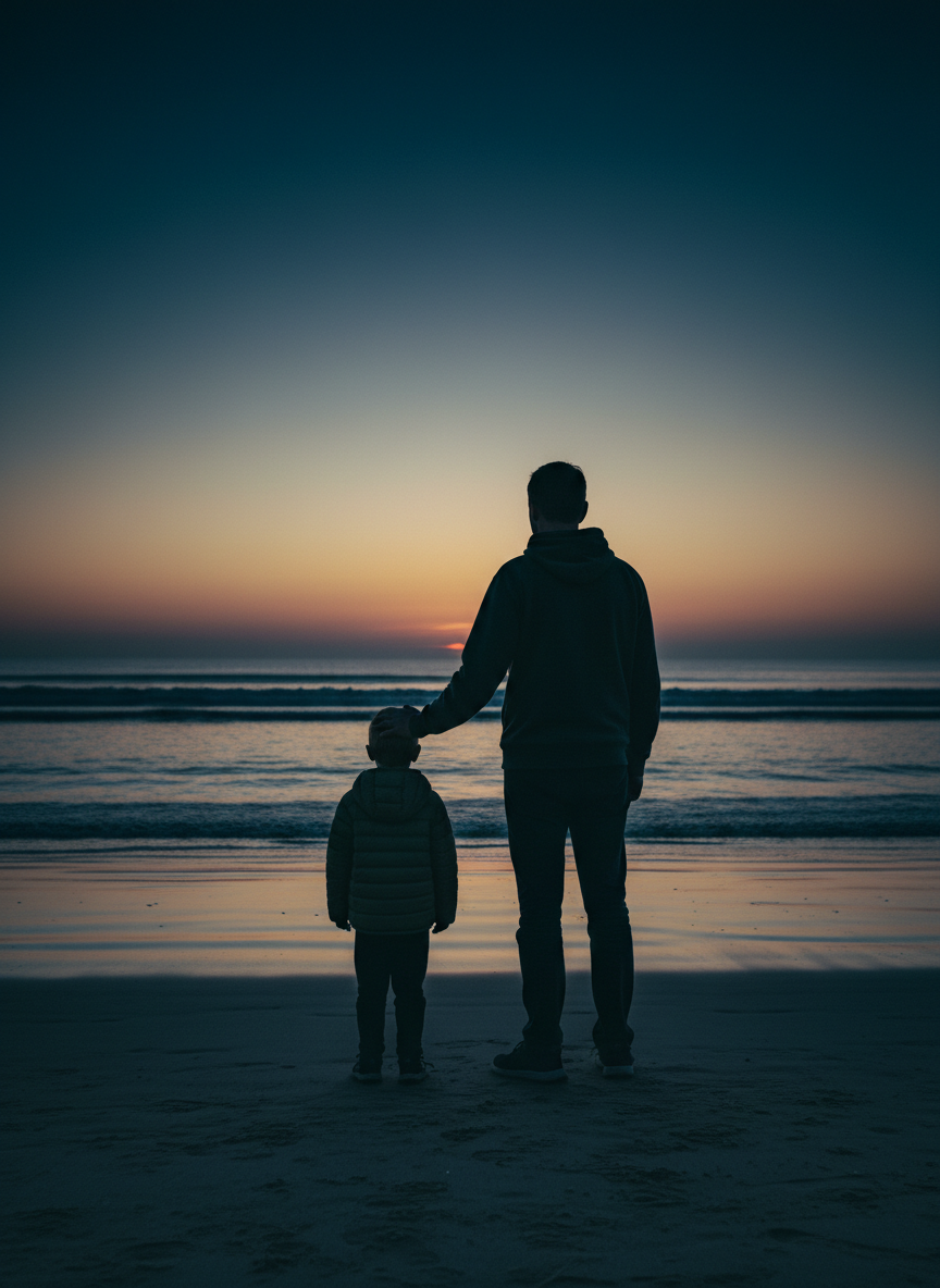 Beach at dawn with blue and golden light