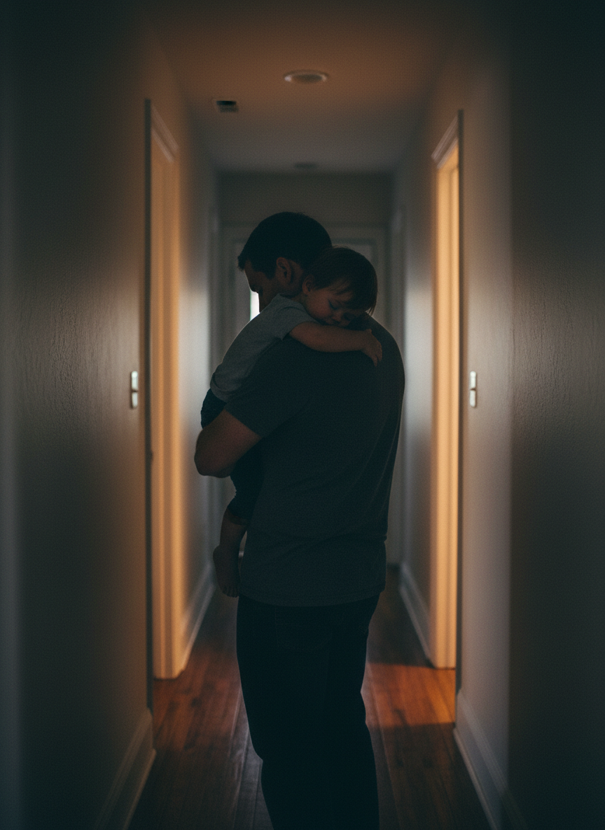 Carrying his child through the hallway