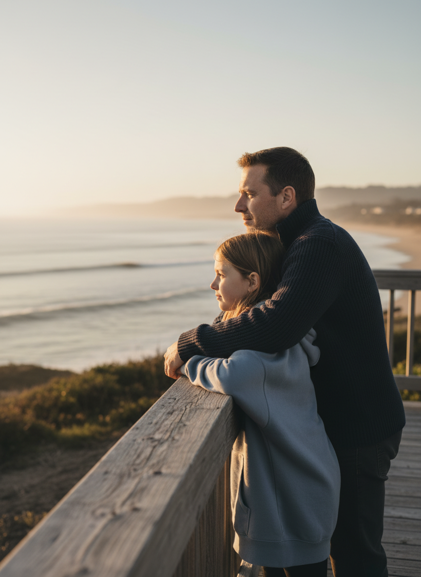 Watching the ocean from a coastal deck at golden hour
