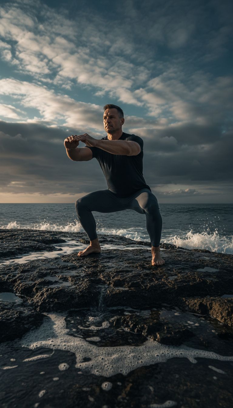 Doing squats on a rocky coastal shoreline