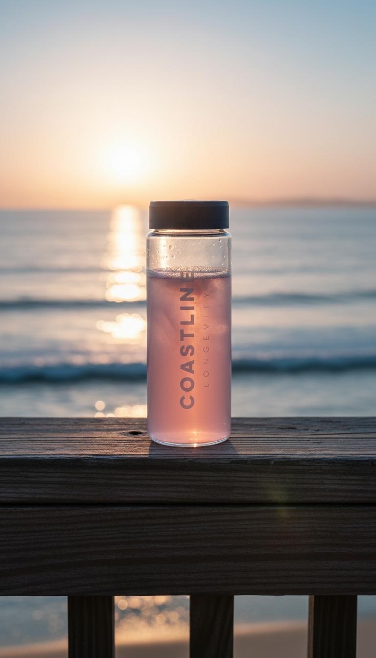 Coastline Glass Shaker Bottle on boardwalk at sunrise